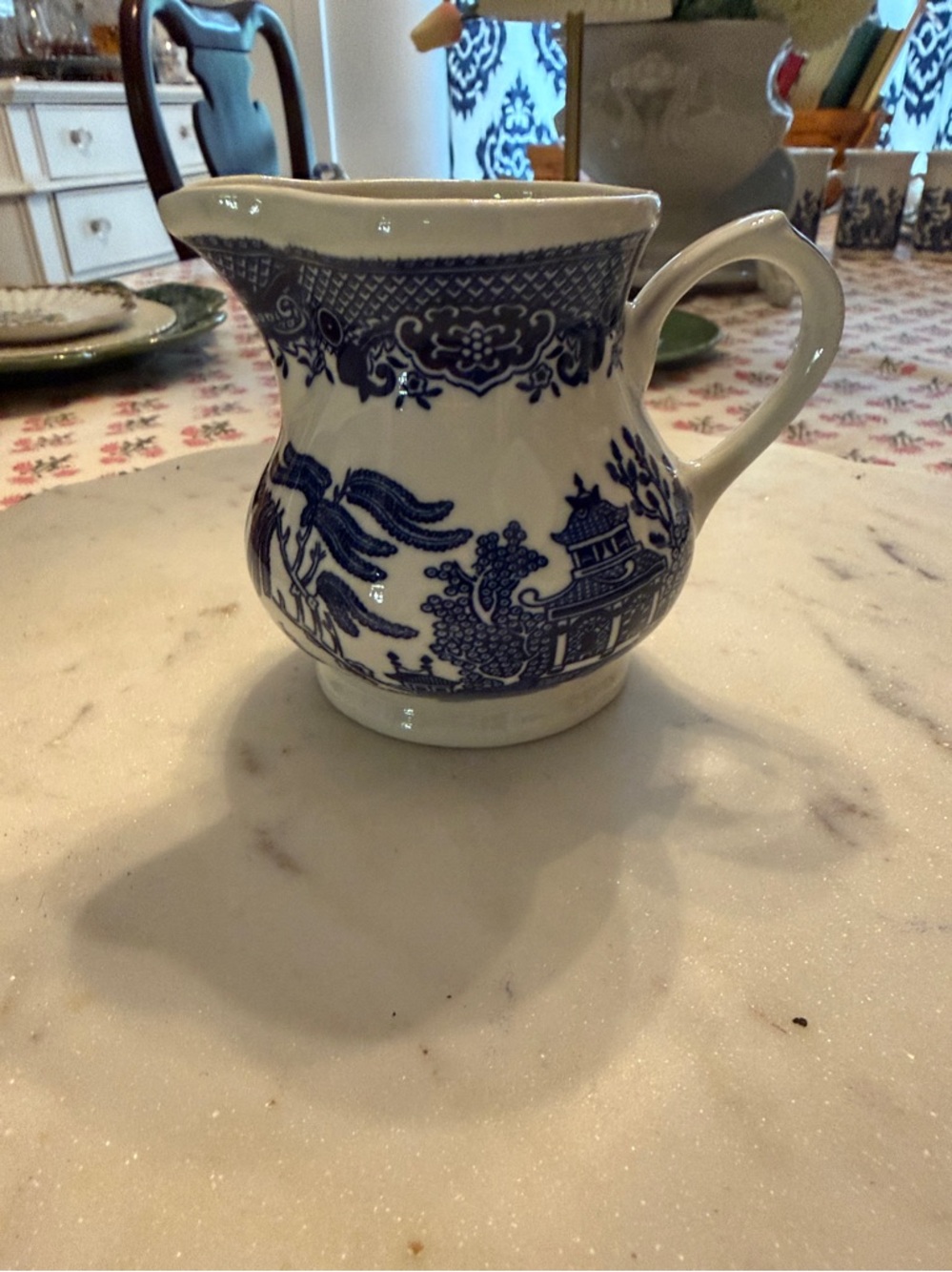 Blue and White Ceramic Creamer Pitcher with Willow Pattern